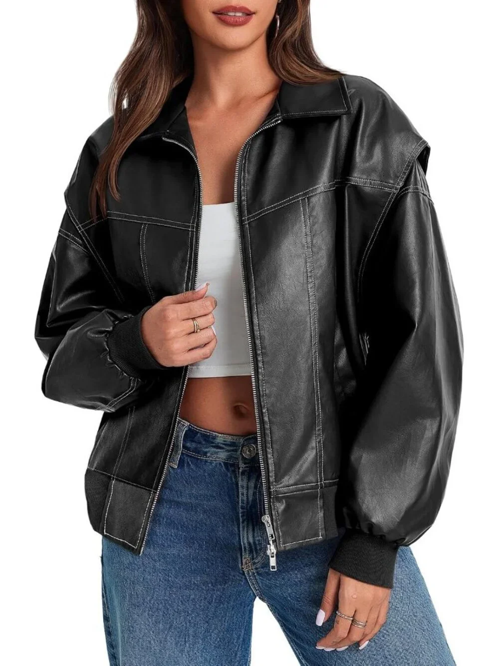Women's Black Oversized Faux Leather Bomber Jacket Motorcycle ZIP Up Coat